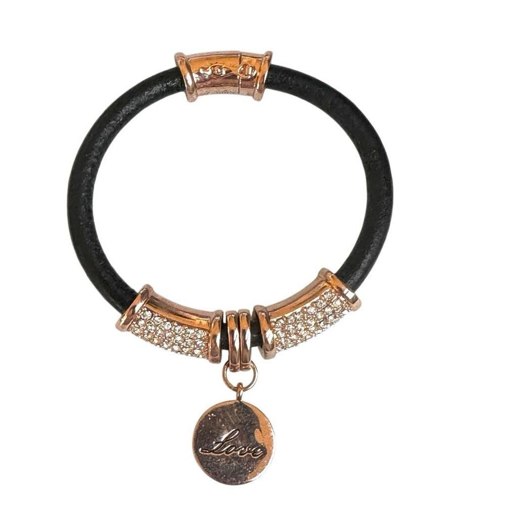 Joan Boyce Rose Gold Crystal Leather "Love" Charm Bracelet